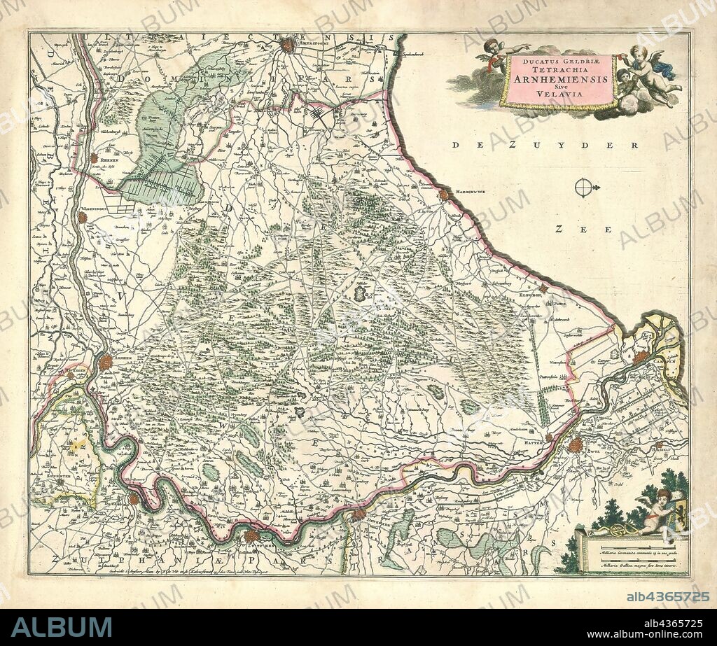 Map, Ducatus Geldriae Tetrachia Arnhemiensis sive Velavia, Copperplate print.