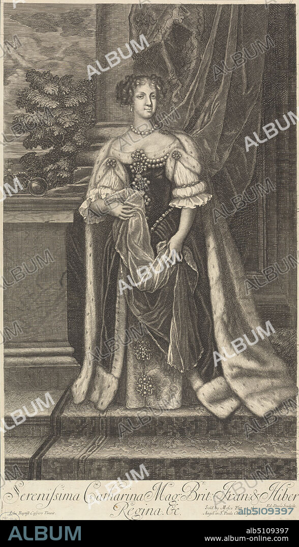 Catherine of Braganza, Print made by Edward Le Davis, active 16711691, British, after Jan Baptist Gaspars, 1620?1691, Flemish, Published by Moses Pitt, 16391697, British, 1682, Line engraving and etching on moderately thick, slightly textured, beige laid paper, Sheet: 18 7/8 × 10 13/16 inches (47.9 × 27.4 cm) and Image: 17 3/16 × 10 1/2 inches (43.7 × 26.7 cm), brocade, broches, column (architectural element), crown (symbol of sovereignty), draperies, ermine, gaze, jewels, lace, mantle, monarch, necklace, orbs, pearls, portrait, posing, queen (person), robe, ruler, sky, stairs, tapestry, tree, veil, window, woman.