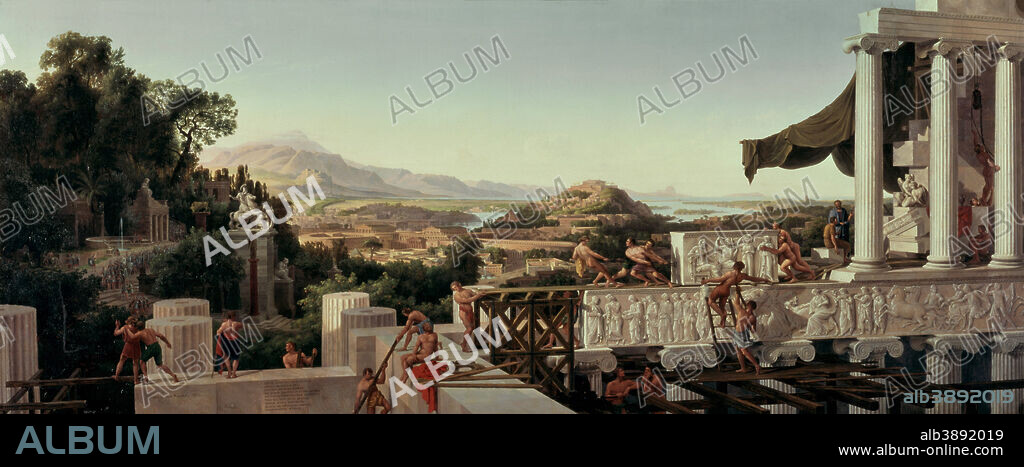 KARL FRIEDRICH SCHINKEL and AUGUST AHLBORN. Blick in Griechenlands Blüte / View into the Heyday of Greece. Date/Period: 1836. Painting. Oil on canvas. Height: 94 cm (37 in); Width: 235 cm (92.5 in).