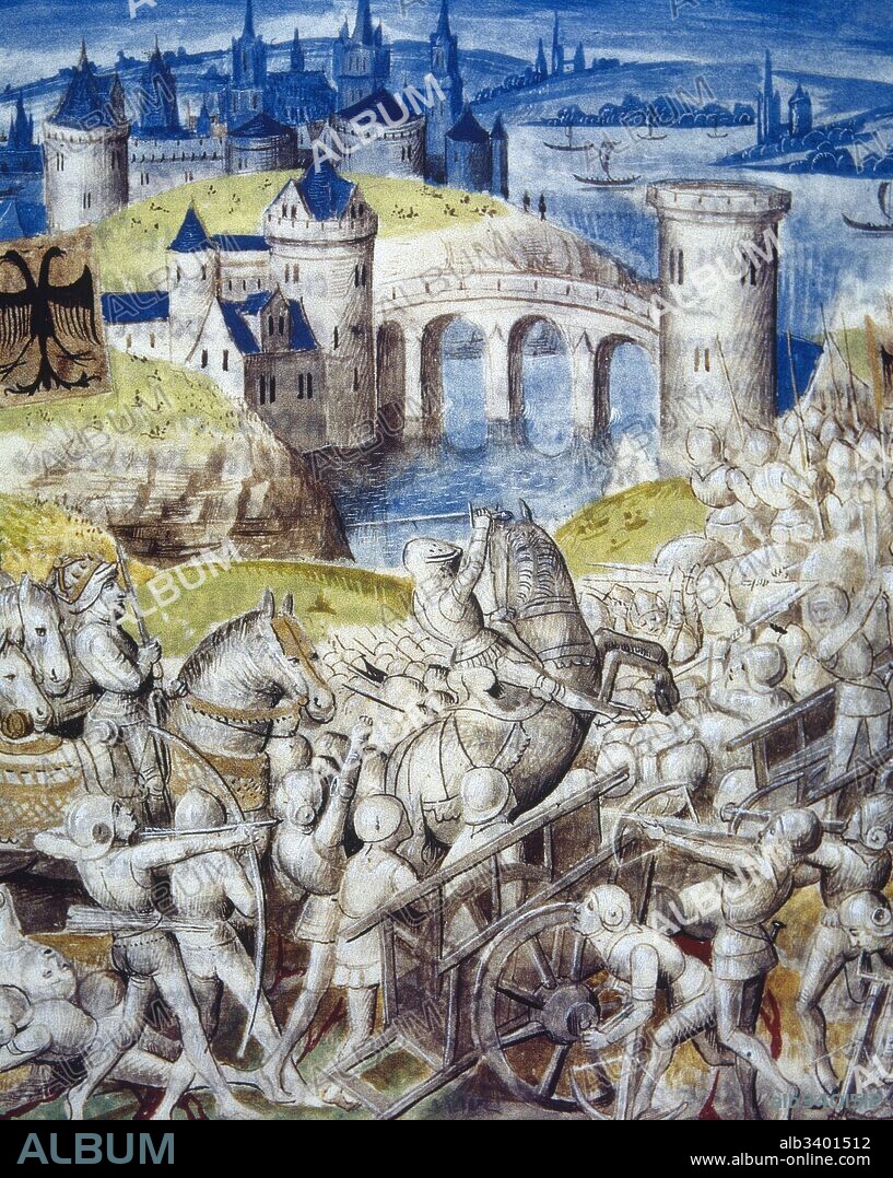 Segunda Guerra Civil de la República Romana. El combate entre Cayo Julio César y Cneo Pompeyo Magno en la Batalla de Farsalia, 9 agosto del 48 a. C. Miniatura. "Faits des Romains" (Hechos de los Romanos) de Chourse, 1480. Obra ilustrada por el Maestro de les Rambures, activo entre 1454-1490. Museo Conde, Castillo Chantilly.