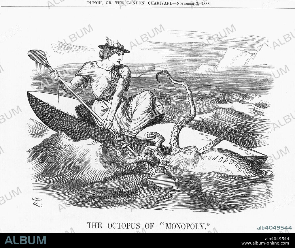 'The Octopus of Monopoly, 1888. Commerce battles the Monster octopus called Monopoly. The little boat, Free Competition, is being pulled under the waves by the tentacles of Copper, Salt, Iron, Coal and Cotton. Industry was finding it increasingly difficult to obtain such essentials without encountering the problems and high prices concomitant upon there being so few people controlling supplies. From Punch, or the London Charivari, November 3, 1888.
