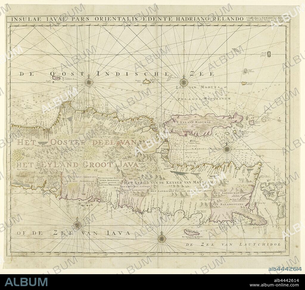 Map of the eastern part of Java, Insulae Javae pars orientalis Edinte Hadriano Relando (title on object), Map from East Java. At the top a view of Batavia from the water. There are five compass roses and topographical details have been added to the map: rice fields, mountains, wildlife etc. With the island of Madura. See the left half for the scale. Right half of a map of the entire island of Java, maps of separate countries or regions, Java, Madura, Adriaan Reeland (mentioned on object), Amsterdam, 1728, paper, engraving, h 559 mm × w 628 mm.