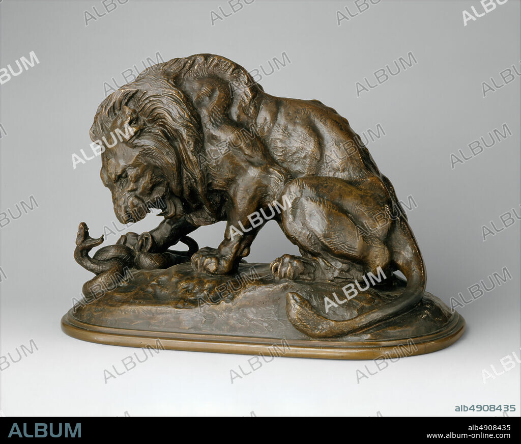 Antoine-Louis Barye, Lion and Serpent (Lion au Serpent), French, Antoine-Louis Barye (French, Paris 17951875 Paris), modeled 1832, executed probably 1847 or 1848, French, Bronze, wood base, Overall: 9 × 13 1/2 × 6 3/4 in. (22.9 × 34.3 × 17.1 cm), Sculpture-Bronze.