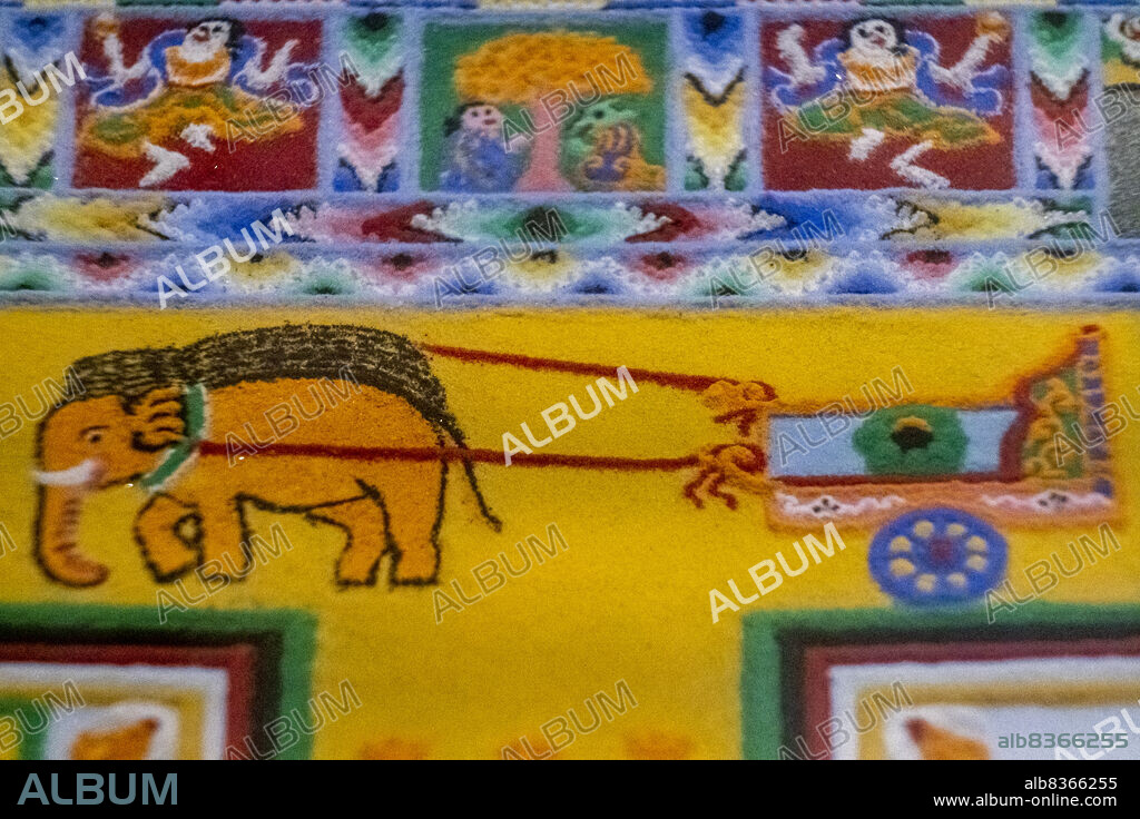 elephant-drawn chariot, Kalachakcra buddhist mandala, Dalai Lama gift, pollensa museum, Majorca, Balearic Islands, Spain.