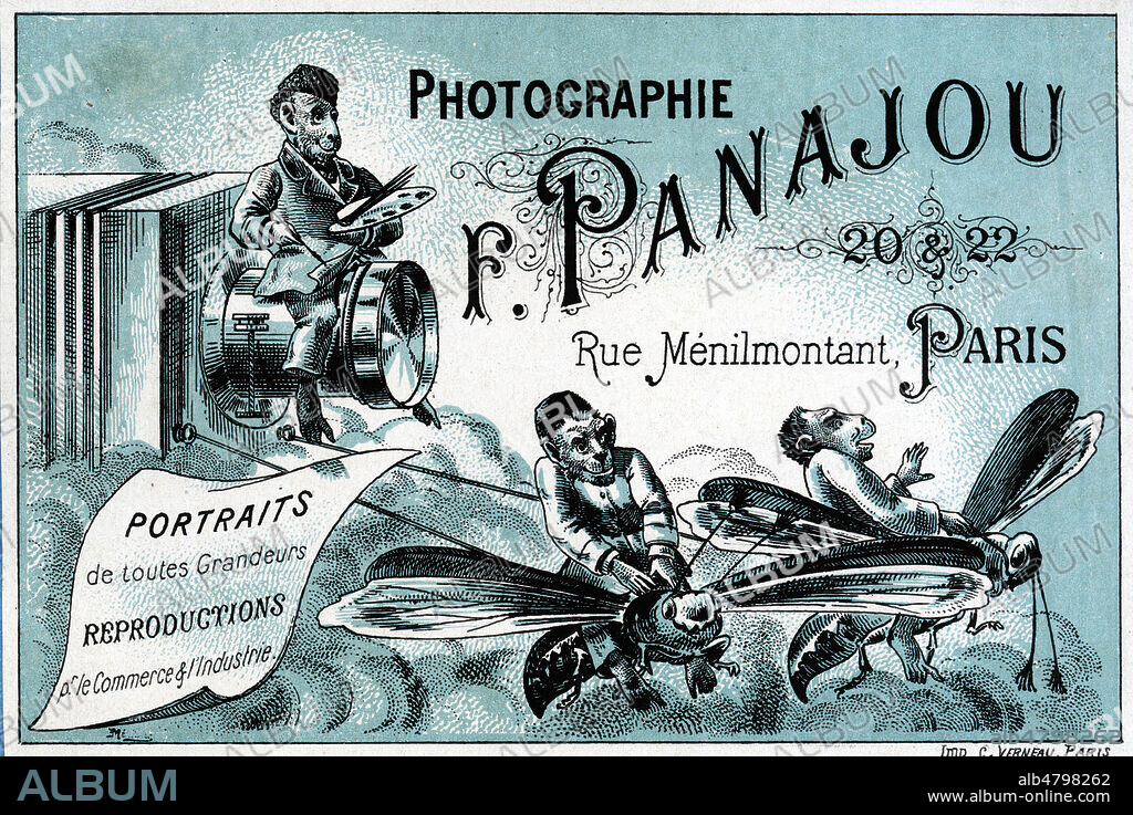 Etiquette ou carte de visite pour un photographe F. PANAJOU rue de Menilmontant a Paris . Observer le peintre assis a califourchon sur l'objectif de l'appareil photo! PANAJOU Freres - Fernand (1855-1926) et Remy (mort en 1931) photographes de Bordeaux avec succursales a Paris 20 et 22 Rue de Ménilmontant de 1885 à 1919 . 19eme siecle, vers 1880. Credit Collection IM/KHARBINE TAPABOR.