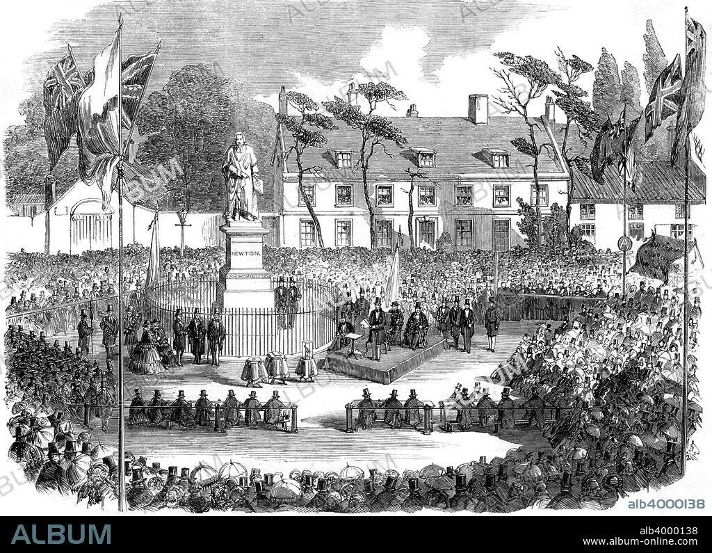 Inauguration of the statue of Sir Isaac Newton at Grantham, Lincolnshire, 1858. The famous scientist was born at Woolsthorpe Manor in the village of Woolsthorpe-by-Colsterworth, near Grantham, and was educated at King's School, Grantham in the 1650s.