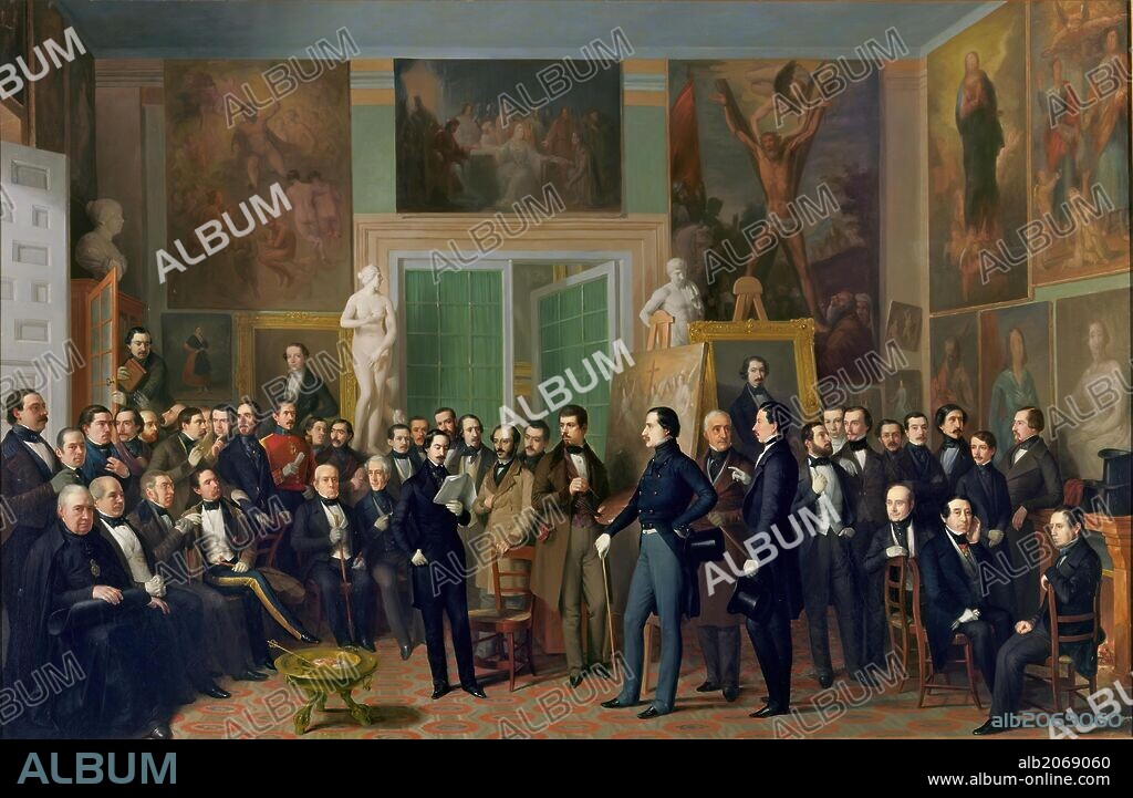 ANTONIO MARIA ESQUIVEL. Antonio María Esquivel y Suárez de Urbina / 'Los poetas contemporáneos. Una lectura de Zorrilla en el estudio del pintor', 1846, Escuela Española, Óleo sobre Lienzo, 144 cm x 217 cm, P04299.