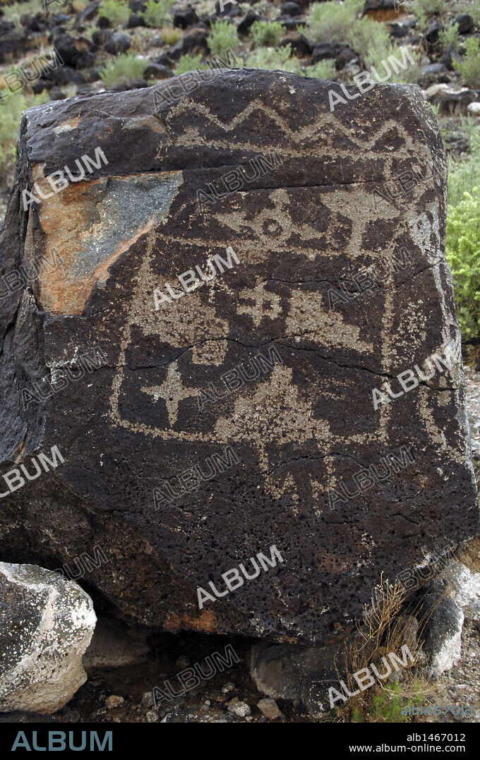 Prehistoric Art. USA. Petroglyph National Monument. Petroglyphs made __by American Indian people and some of them, by settlers. Boca Negra Canyon. Near Albuquerque. New Mexico.