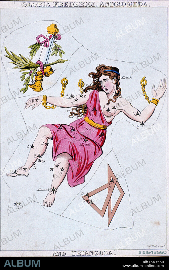 Constellation of Andromeda, showing Andromeda chained to rock. From Urania's Mirror, London c1820. Hand-coloured engraving .