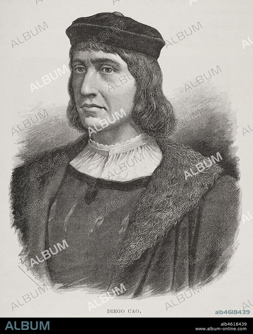 Diego Cao (h.1452-1486). Navegante portugués, descubridor de la desembocadura del río Congo. Grabado. El Congo y la Creación del Estado Independiente de este nombre. Historia de los Trabajos y Exploraciones Verificados, por Enrique M. Stanley. Editada en Barcelona, hacia 1890. España.