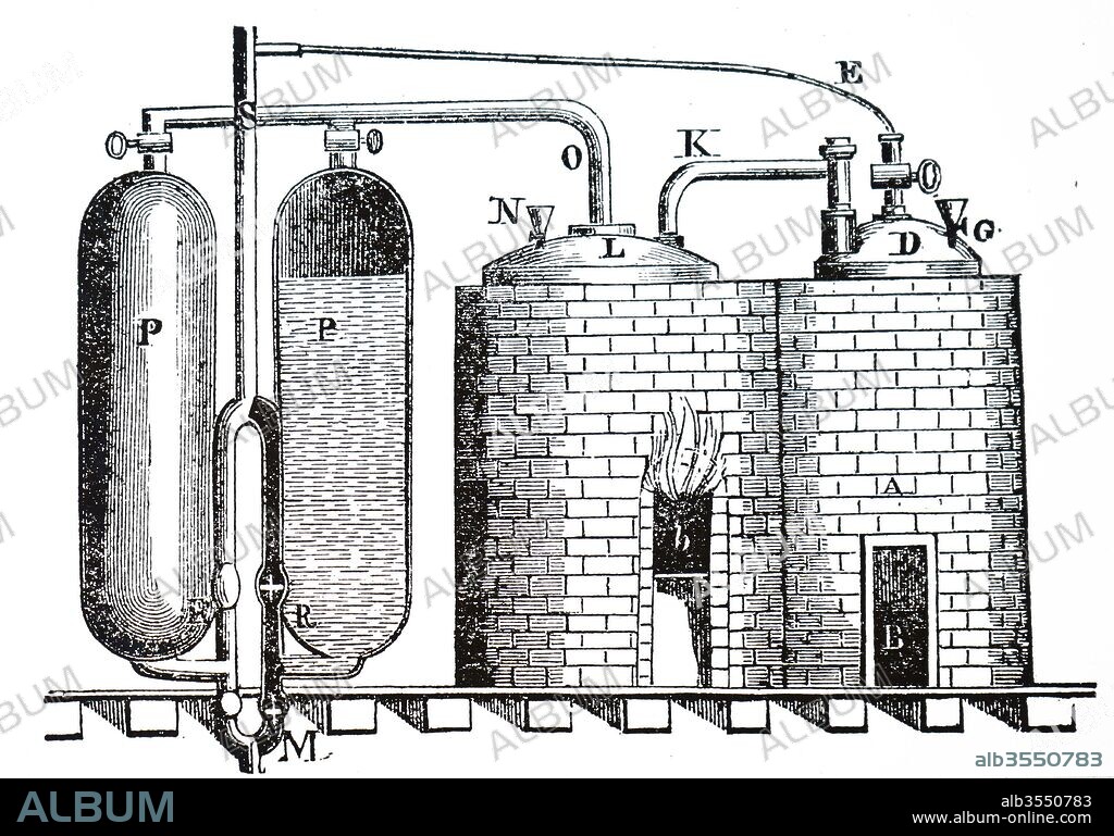 Diagram depicting Thomas Savery's steam engine of 1699 for pumping water from mines. Double furnace (right) with boilers, whose steam passes to cylinders (PP) It is next cooled, which causes partial vacuum (PP) that sucks up water through pipe M. Thomas Savery (1650-1715) an English inventor and engineer. Dated 19th century.