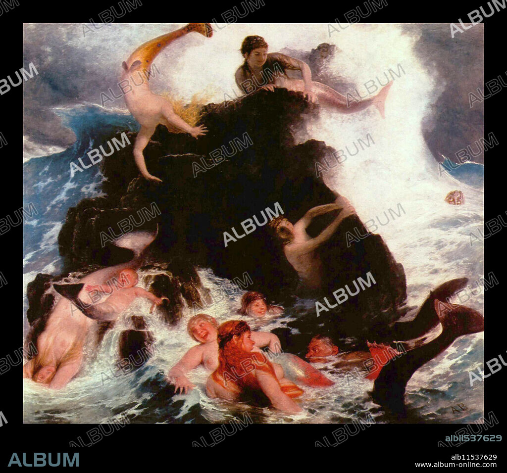 ARNOLD BÖCKLIN. "The Game of the Naiads" was painted by Arnold Böcklin (16 October 1827 – 16 January 1901).  He was a Swiss symbolist painter.  In Greek mythology, the Naiads were a type of water nymph (female spirit) who presided over fountains, wells, springs, streams, brooks and other bodies of fresh water.