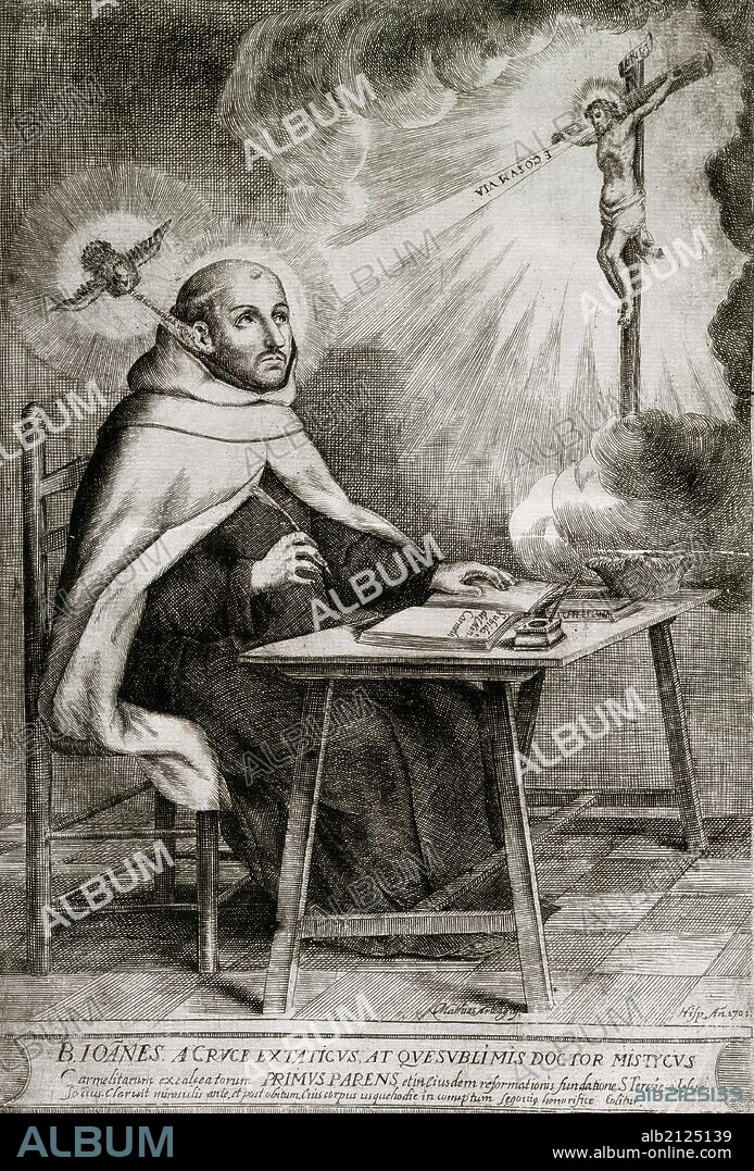 CRUZ, San Juan de la (Fontiveros, 1542-Ubeda, 1591). Religioso y escritor español, gran representante de la mística. Creador del colegio de Alcalá de Henares. Grabado.