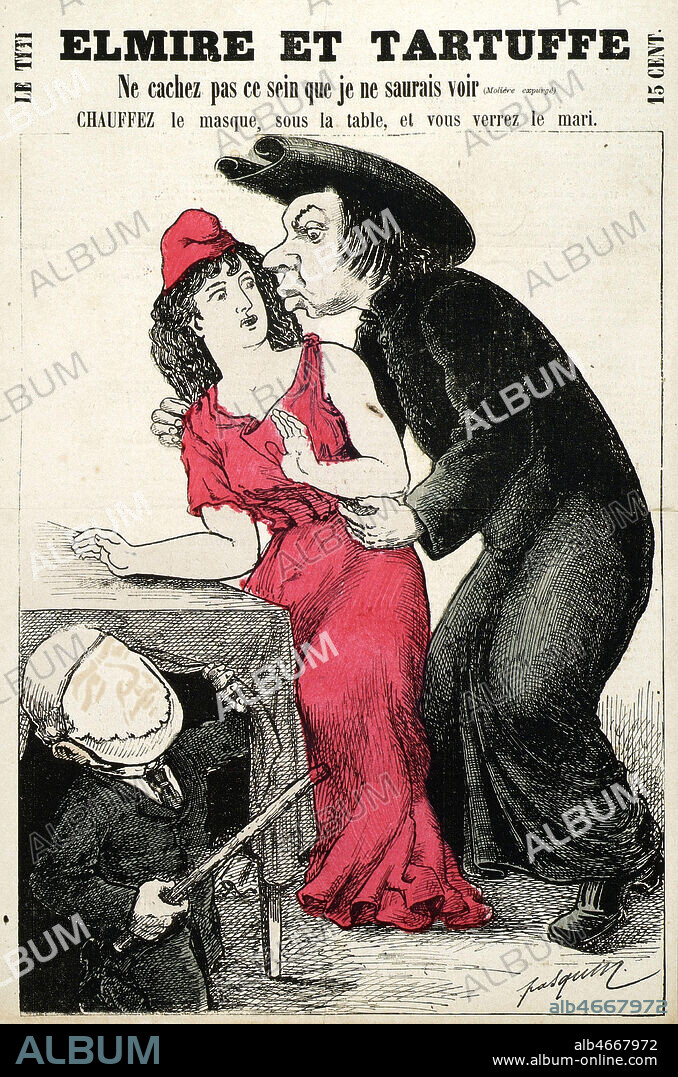 Elmire et Tartuffe. Ne cachez pas ce sein que je ne saurai voir. Chauffez le masque sous la table et vous verrez le mari. Caricature a systeme de F. PASQUIN (ne en 1853)) pour Le Titi de 1878-79. Credit : Coll. Dixmier/KHARBINE-TAPABOR.