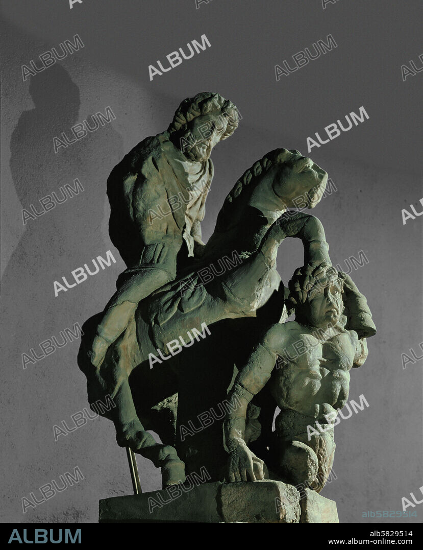 Jupiter on horseback fithting a giant with snake legs. Fragmented sculpture from the region of Sarrebourg (2nd-3rd CE).