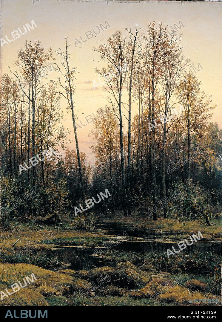 Spring Forest, by Ivan Ivanovic Siskin, 1884, 19th Century, oil on canvas, cm 142 x 106. Russia, Moscow, Serpuchov, Arts and History Museum. Title Spring Wood tree brook water backlight.