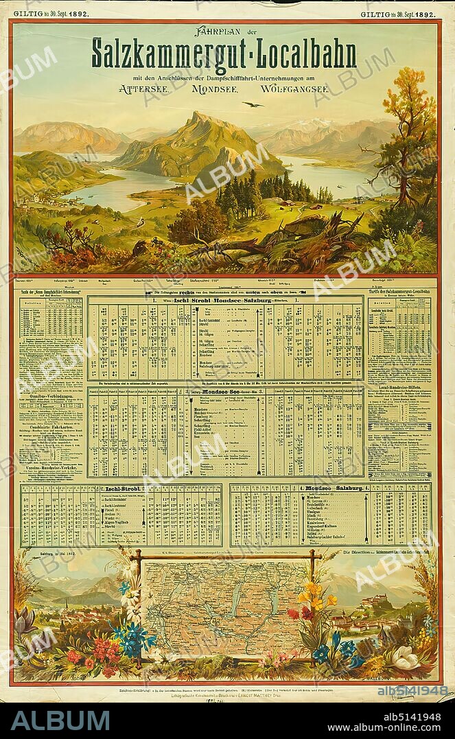 Matthéy, Ernest, Lithographische Kunstanstalt und Druckerei, Johann Varrone, timetable of the Salzkammergut-Localbahn 1892, paper, chromolithography, total: height: 102,5 cm; width: 67,7 cm, signed and dated: u. left in the print form of the motif: Varrone pinc. 1891, tourism posters, landscapes, waters, city view, travel/tourism, nature, railroad traffic, traffic and transport, mountains, mountains, lake, flowers, country, region.