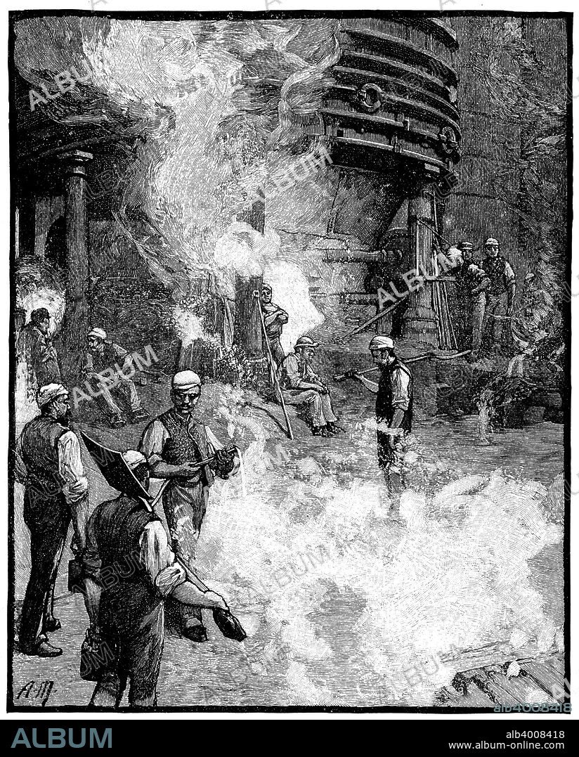 Tapping blast furnace, and casting iron into pigs, Siemens iron and steel works, Wales, 1885. The pollution generated during the production of iron and steel at the Siemens Landore Works, is typical of the conditions in the heavily industrialised Swansea area of South Wales at this time. From The English Illustrated Magazine, (London, 1885).
