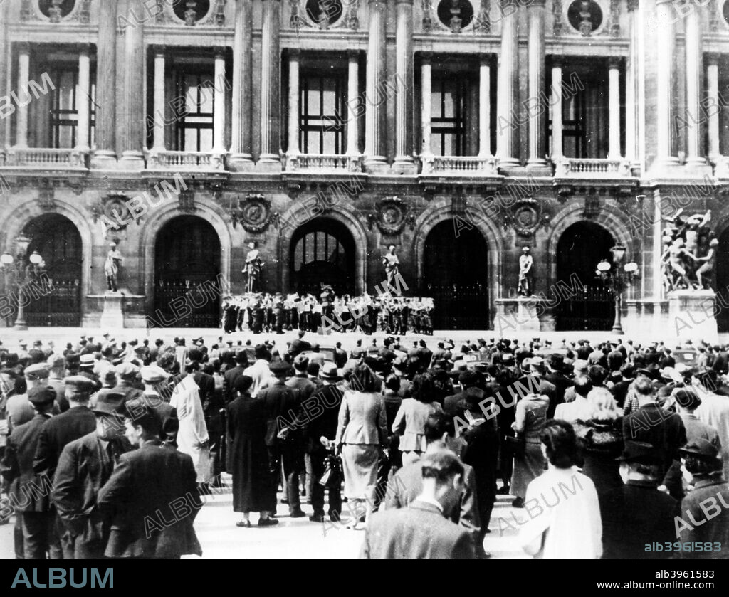 German military band giving a concert, occupied Paris, 1940-1944.