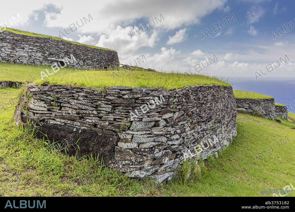 One of 53 stone masonry houses at Orongo, a stone village and Birdman ceremonial site at the southwestern tip of Easter Island, Rapa Nui National Park, UNESCO World Heritage Site, Easter Island (Isla de Pascua), Chile, South America.