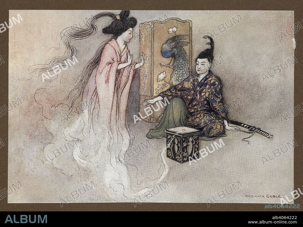 WARWICK GOBLE and GRACE JAMES. The spring lover and the autumn lover. Green Willow, and other Japanese fairy tales ... With forty illustrations in colour by Warwick Goble. (Edition de luxe.). London : Macmillan & Co., 1910. Source: LR.26.d.7 facing page 185.