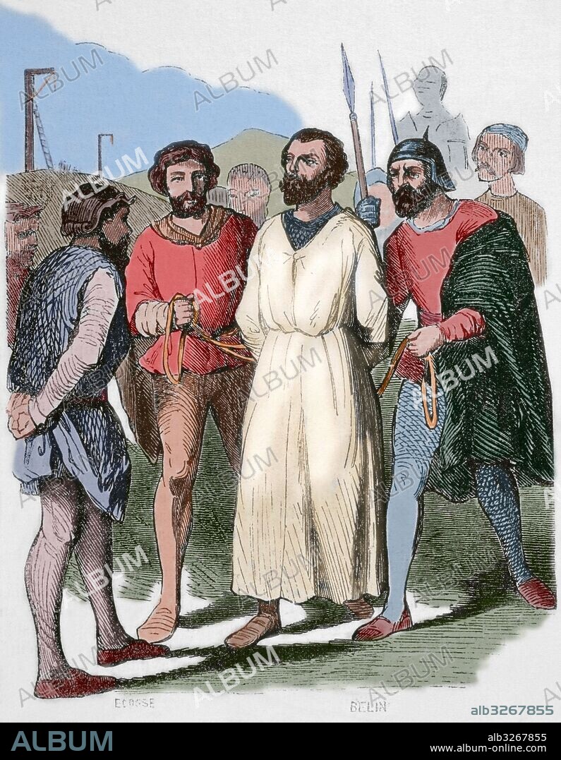 Enguerrand de Marigny (1260-1315). French chamberlain and ministe. Engraving depicting Marigny driven to his execution in the Gibbet of Montfaucon, April 30, 1315. 19th century. Colored.