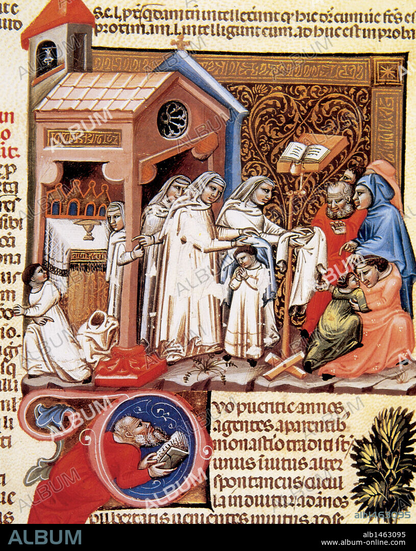Miniatura del s. XIV, perteneciente al "DECRETO DI GRAZIANO" donde se representa a un "GRUPO DE MONJAS VISTIENDO A UNA NIÑA".