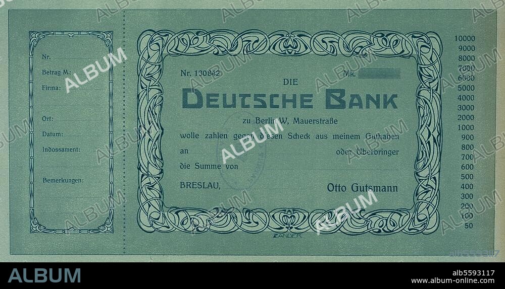 Finanzwesen / Scheck. Musterdruck eines Scheckformulars der Deutschen Bank zu Berlin. Gedruckt auf Sicherheits-Papier Detektiv IV der Papierfabrik Unterkochen mit Wertpapier-Sicherheitsfarbe. Aus: Deutscher Buch- und Steindrucker, Buchgewerbliche Monatsschrift, 15. Jg., Berlin, 1908/09.