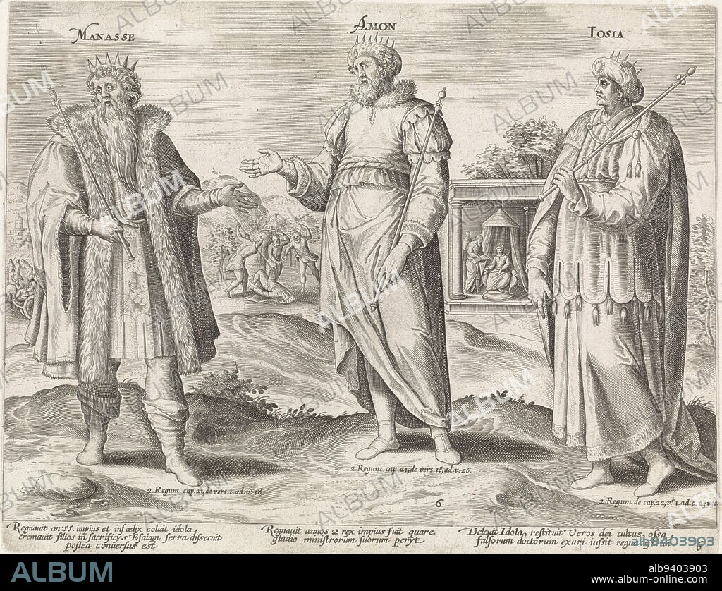 The kings Manasseh, Amon and Josiah. In the background some important events in their lives. In the left background King Manasseh is seated in his chariot. In the middle of the background, the murder of Amon by his own servants. In the background on the right, King Josiah has himself read from a scroll found in the temple. Below the scene are references to the Bible texts in Latin. Manasseh, Amon and Josiah Kings of Judah Theatrum biblicum , Jan Snellinck (I), (attributed to), print maker: anonymous, publisher: Claes Jansz. Visscher (II), Amsterdam, 1585 and/or 1643, paper, engraving, h 219 mm × w 282 mm.