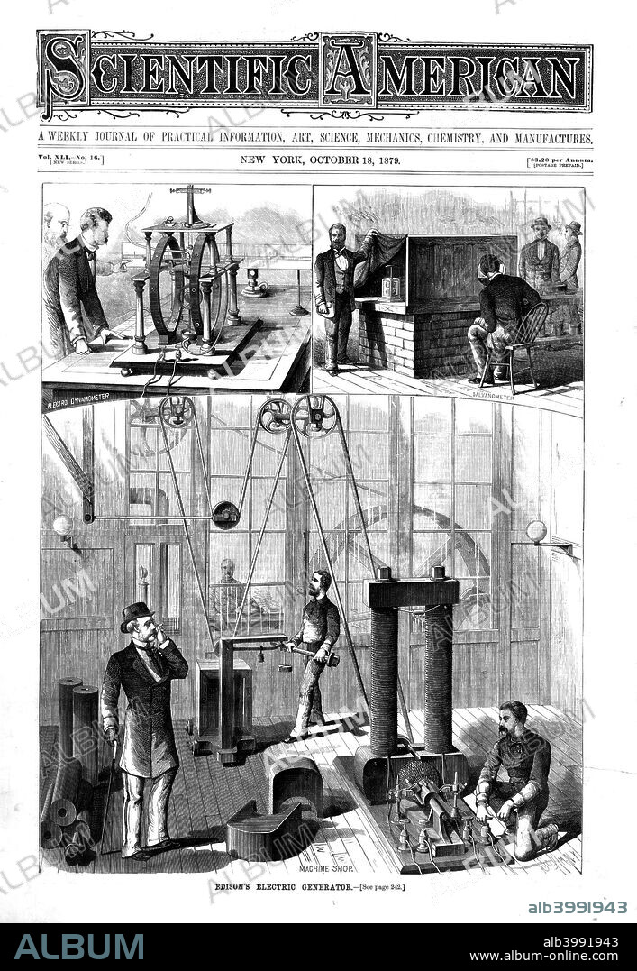 Thomas Edison's generator for electric light at his home at Menlo Park, New Jersey, USA, 1879. Behind the doors is the 80 hp engine. The two vignettes (top) are Edison's improved form of JW Trowbridge's electric dynamometer, and Lord Kelvin's mirror galvanometer. From Scientific American. (New York, 1879).