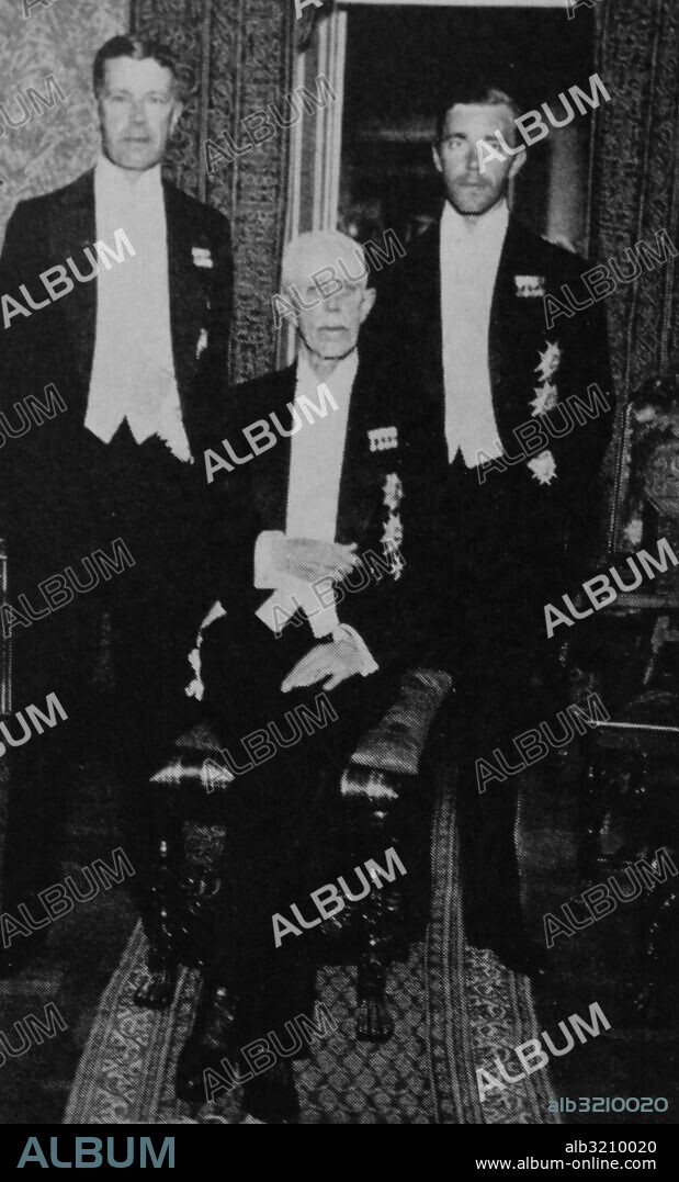 Photograph of King Gustaf V (1858-1950), his son Gustaf VI Adolf of Sweden (1882-1973) and grandson Prince Gustaf Adolf, Duke of Vasterbotten (1906-1947). Dated 20th Century.