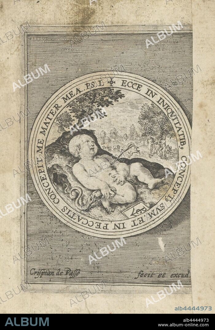 Putto with pierced heart Putti depicting God's word (series title) Verbum Dei (series title), Medallion in which a putto with a heart pierced by an arrow. In the background the paradise with Eve offering the forbidden fruit to Adam. With a Latin inscription. The print is part of an album, angel (s) represented as child (s), heart symbolism, Eve simultaneously offers some of the fruit to Adam and takes some more from the serpent (or the tree), Crispijn van de Passe (I) (mentioned on object), Keulen, 1594, paper, engraving, h 126 mm × w 81 mm.