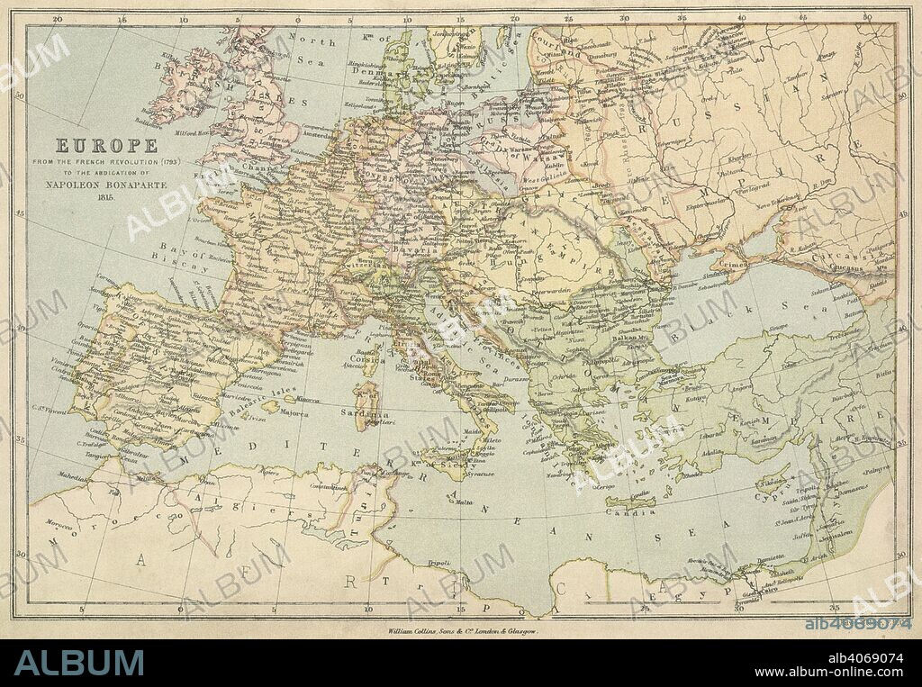 E WELLER. A map of Europe from the French Revolution (1793) to the abdication of Napoleon Bonaparte 1815. Collins' Series of Atlases. The Student's Atlas of Historical Geography, consisting of sixteen Maps, constructed and engraved by Edward Weller, F.R.G.S., and descriptive letterpress by W.F. Collier. With Index. London, Glasgow and Edinburgh : William Collins, Sons, & Co., 1873. Source: Maps 49.c.78, no.13. Language: English.
