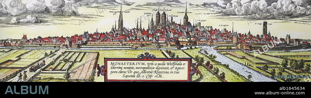 Panoramic view of the city of Munster, Germany, from the south-west, c1570. Twin towers in centre are St Paul's Cathedral and to the right St Lambert's Church.