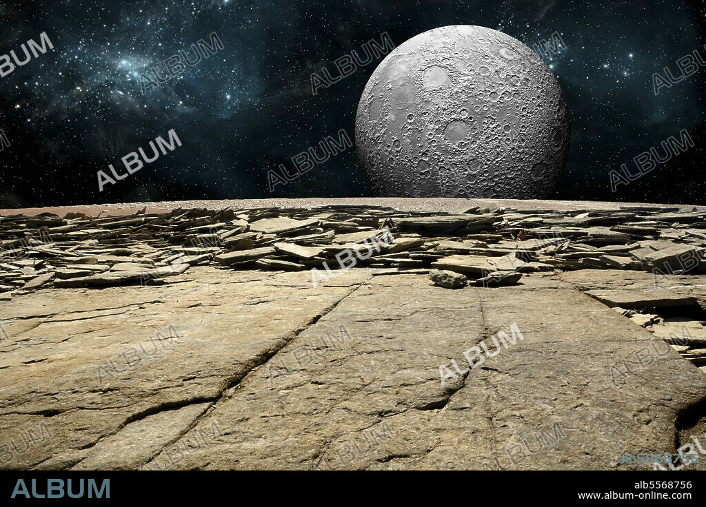 An artist's depiction of the view from a rocky and barren alien world. A large cratered moon rises over the airless environment.