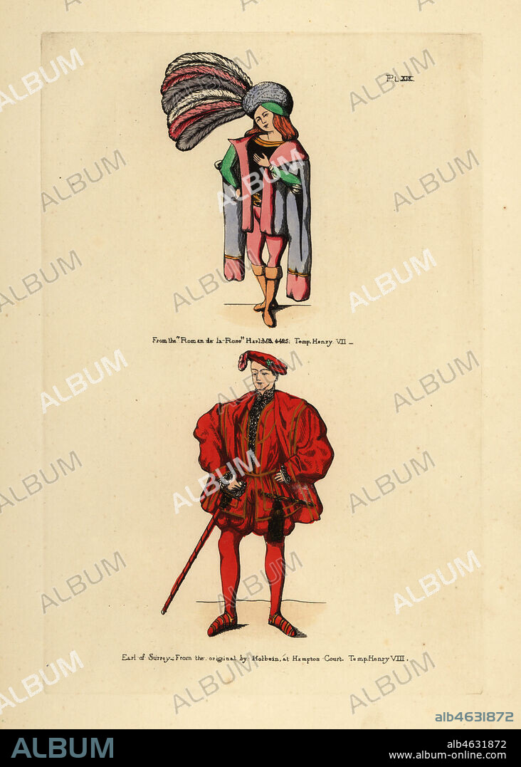Foppish men's fashion from the 16th century. Man with large felt hat with multicoloured plumes, doublet with slashed sleeves, hose and boots from a manuscript Roman de la Rose, Harleian 4425, and Henry Howard, Earl of Surrey, in scarlet short cloak over doublet, flat jeweled cap, breeches and stockings, from the painting by Hans Holbein. Handcoloured copperplate engraving from Thomas Anthony Day and J.H. Dines' Illustrations of Mediaeval Costume in England collected from manuscripts in the British Museum, Bibliotheque Nationale de Paris, Bosworth, London, 1853.