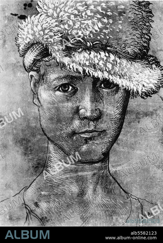 HANS BALDUNG-GRIEN. Baldung, Hans, genannt Grien Maler und Graphiker Schwäbisch Gmünd 1484/85 - Straßburg. 1545. "Selbstbildnis", um 1504. Feder auf graugrün grundiertem Papier, weiß und hellrosa gehöht, 22 × 15,5 cm. Basel, Kunstmuseum, Kupferstichkabinett.