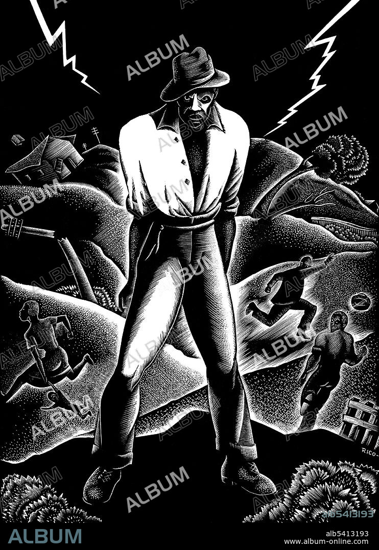 John Henry's Mad. John Henry is an African-American folk hero who was hired as a steel driver for the railroad. Later, the railroad company brought in a steam drill to speed up work on the tunnel, because it could drill faster than any man. John Henry was the strongest, fastest, most powerful man working on the railroad. He went up against the steam drill to prove that the black worker could drill a hole through the rock farther and faster than the drill could. John Henry beat the steam drill and later died of exhaustion. The legend is told in many classic folk songs, and has been the subject of numerous stories, plays, books, and novels. WPA Art by Dan Rico, undated (cropped and cleaned).