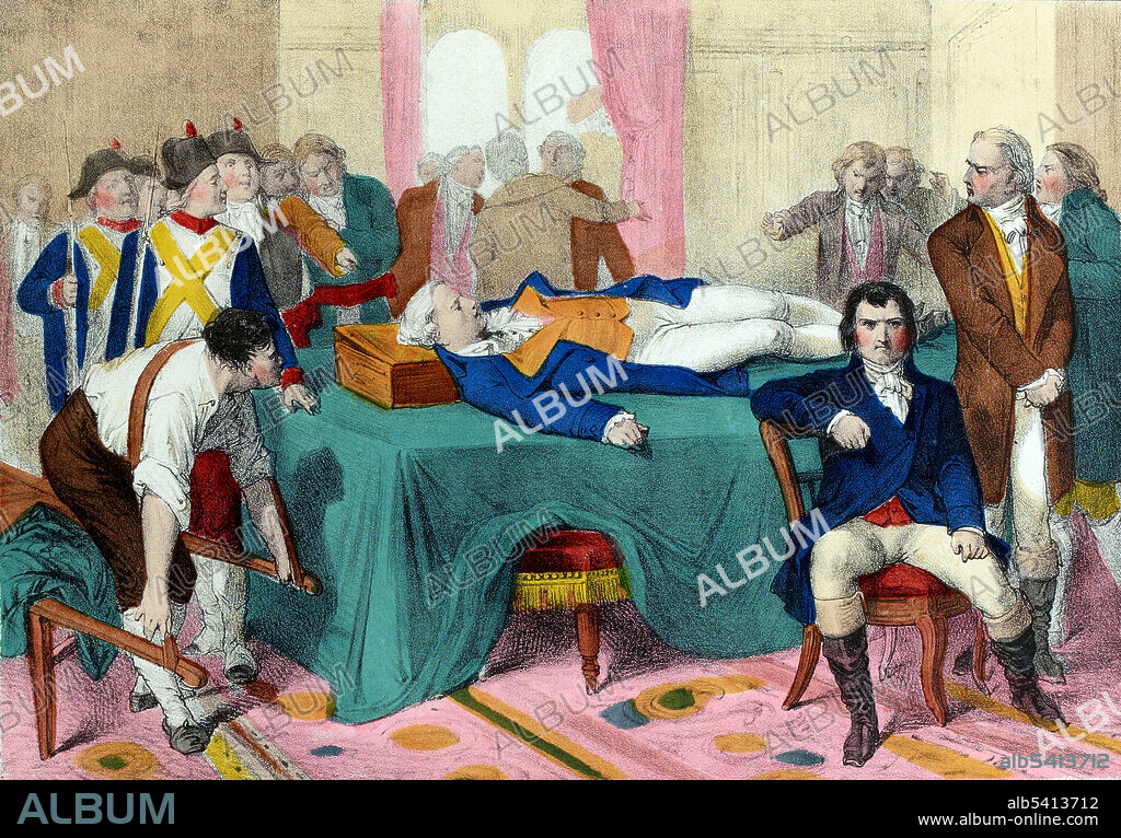 Robespierre arrested and injured lying in the anteroom of the Committee of Public Safety. Maximilien Robespierre (May 6, 1758 - July 28, 1794) was a French lawyer and politician, and one of the most influential figures of the French Revolution. He advocated against the death penalty and for the abolition of slavery, while supporting equality of rights, universal suffrage and the establishment of a republic. He was an important figure during the Reign of Terror. People were guillotined for not supporting the French Revolution, hoarding, desertion, rebellion, and other things he saw as crimes. He was arrested and guillotined without trial in the Place de la Revolution. No artist credited, undated (cropped and cleaned).