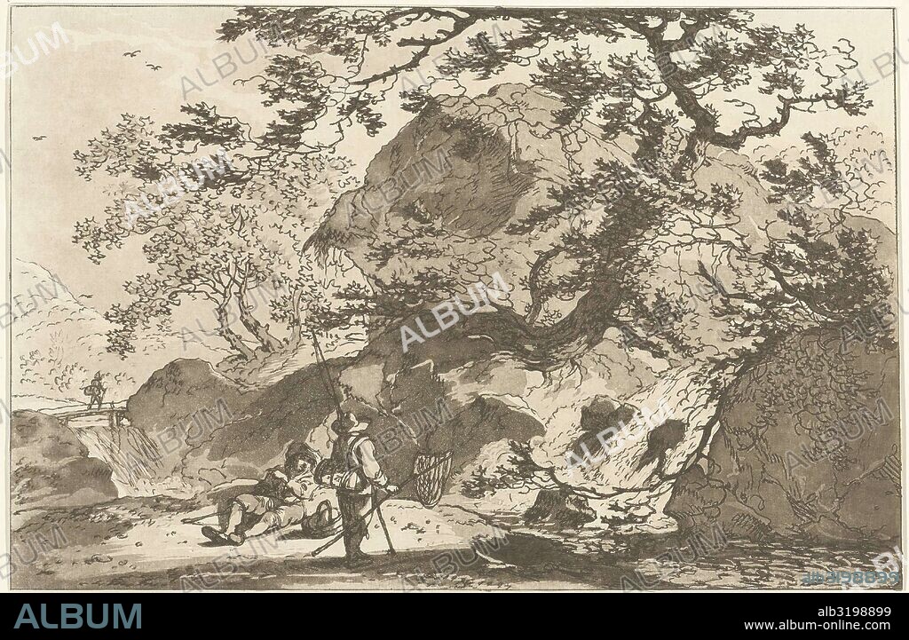 Landscape with a fisherman and a man resting, print maker: Hendrik