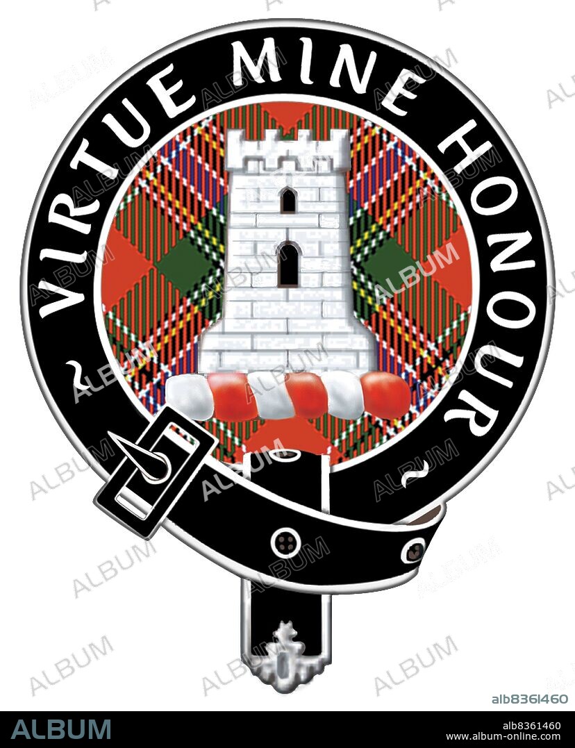 The badge of Clan MacLean, which reads, "Virtue Mine Honour.".