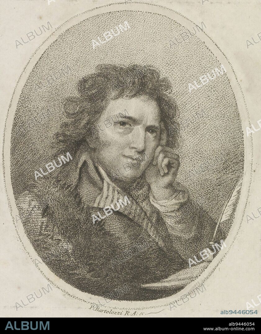 Portrait of writer John Williams (pseudonym Anthony Pasquin) in an oval, Portrait of John Williams, print maker: Francesco Bartolozzi, (mentioned on object), after: Mather Brown, Italy, 1781 - 1815, paper, etching, h 170 mm - w 115 mm.