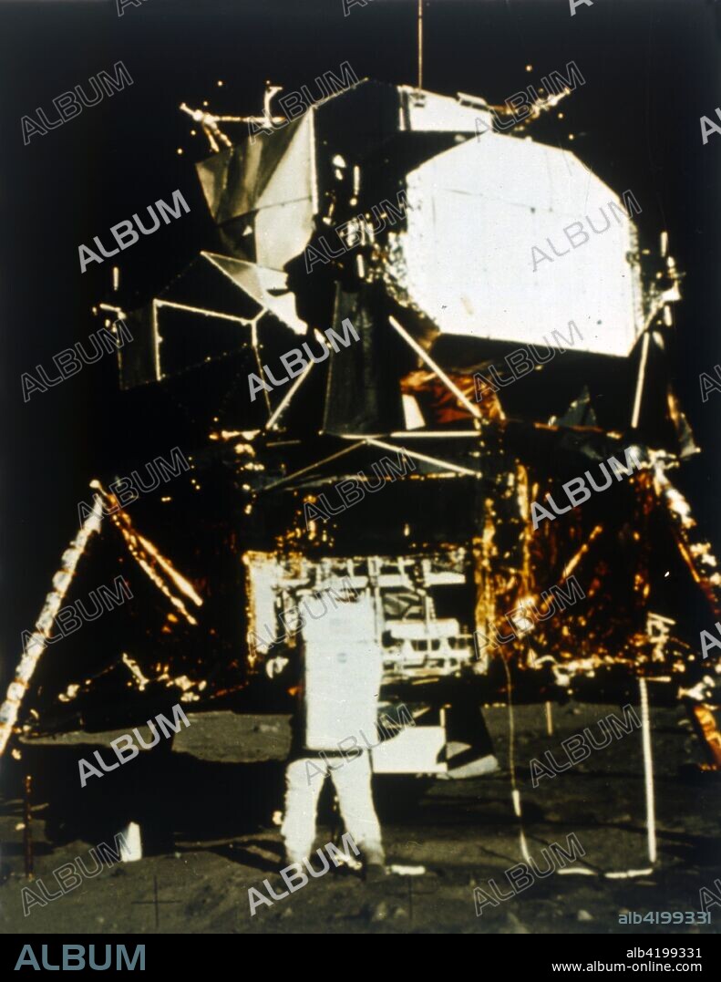 Buzz Aldrin by the Lunar Module on the surface of the Moon, Apollo II mission, July 1969. Astronaut Edwin "Buzz" Aldrin (b1930) walking on the Moon. The Apollo 11 Lunar Module, code named Eagle, with US astronauts Neil Armstrong and Buzz Aldrin on board, landed in the Sea of Tranquillity on 20 July 1969. Apollo 11 was the fifth manned Apollo mission, and was the first to land on the Moon.