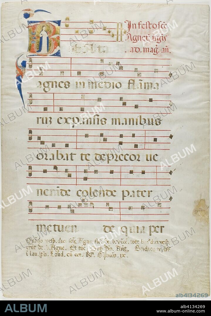 Saint Agnes in a Historiated Initial "V" from an Antiphonary. Italian (Rimini); Neri da Rimini (Italian, active 1300-1338) or a close assistant. Date: 1310-1315. Dimensions: 70 x 65 mm (initial); 550 x 385 mm (sheet). Manuscript cutting in tempera and gold leaf, with gothica textualis inscriptions in Latin in black and red ink, ruled in red ink, on parchment. Origin: Italy.