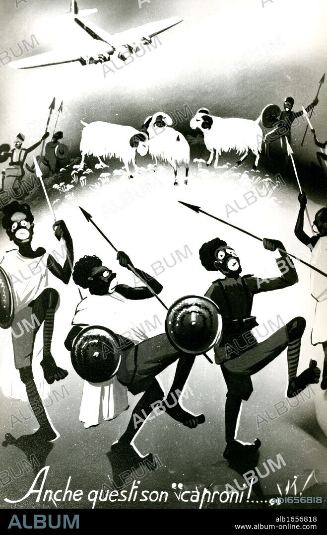 Abyssinia (Ethiopia) under attack by Italy. An Italian bomber approaching herdsmen and their goats. On 9 May 1936 Mussolini was able to announce that Italy had an empire. Italian propaganda postcard.