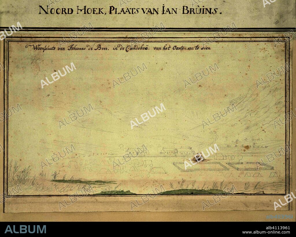 View of the farm of Johannes de Beer at Camdeboo, near the Sneeuberge, seen from the east. Draughtsman: Robert Jacob Gordon (attributed to). Draughtsman: Johannes Schumacher (possibly). Dating: c. Oct-1777 - 1778. Place: Kaapprovincie. Measurements: h  mm × w  mm; h 260 mm × w 420 mm; h 220 mm × w 400 mm.