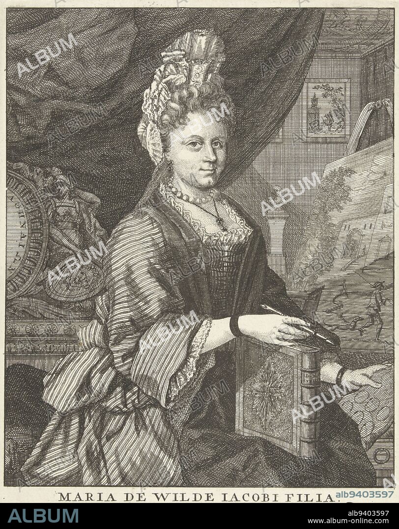 Maria de Wilde 1682-1729 was talented in drawing, engraving, and painting, but she also possessed a gift for singing, harpsichord playing, and poetry At seventeen, she was praised for her 'thirst' for science Maria spent much time in the art cabinet of her father, who was an internationally renowned collector of antiquities Of the more than 700 visitors who came to see his collection between 1690 and 1720, Tsar Peter the Great was the most famous Maria recorded his first visit, on 13 December 1697, in an engraving Here she is depicted in the cabinet She is showing the catalog of antique sculptures from her father's cabinet, Signa Antiqua, for which she did the illustrations With a poem in Latin by David Franznvan Hoogstraten, Portrait of the artist Maria de Wilde, print maker: Pieter van den Berge, (mentioned on object), David Fransz. van Hoogstraten, (mentioned on object), intermediary draughtsman: Pieter van den Berge, (mentioned on object), Amsterdam, in or after 1700 - c. 1730, paper, etching, h 208 mm × w 155 mm.