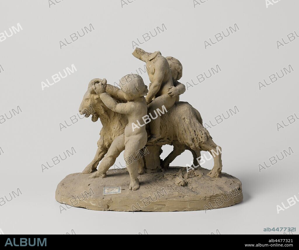 Three children playing with a goat, Eugène Lacomblé, c. 18900 - c. 1900, clay, h 19 cm × w 23.5 cm × d 14.5 cm.