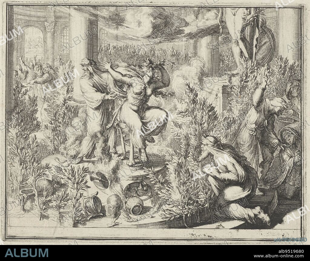 Priestess Pythia in the temple of Delphi, Priestess Pythia in the temple of Delphi, print maker: Romeyn de Hooghe, (attributed to), Romeyn de Hooghe, (attributed to), Netherlands, 1687, paper, etching, h 142 mm × w 180 mm.