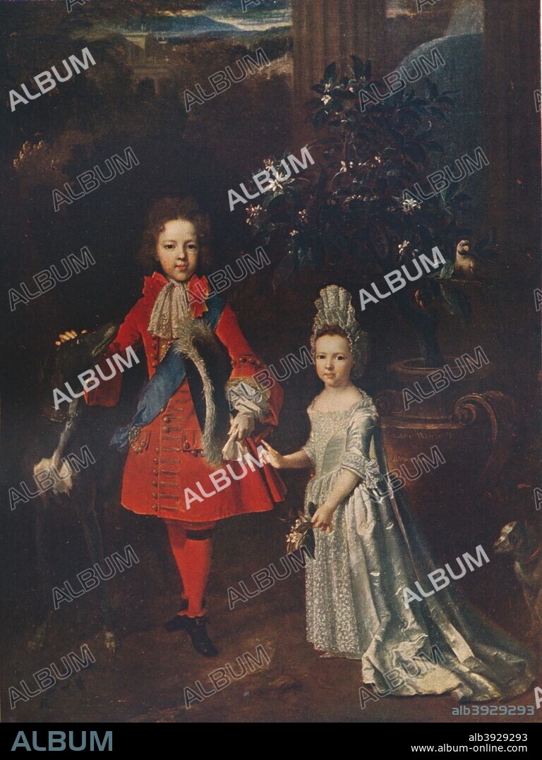 Prince James Francis Edward Stuart (1688-1765); Princess Louisa Maria Theresa Stuart (1692-1712), 1695. Prince James Francis Edward Stuart (1688-1765), The Old Pretender with his sister Princess Louisa Maria Theresa Stuart (1692-1712). Their father King James II (1633-1701), had been forced to abdicate in 1688. He was excilled in France at Germain-en-Laye, the chateau supplied to the Stuarts by Louis XIV (1638-1715). After an oil painting by Nicolas de Largilliere (1656-1746). Original work housed in the National Portrait Gallery, London. From A History of Painting Vol. VI [T. C. and E. C. Jack, London & Edinburgh, 1911].